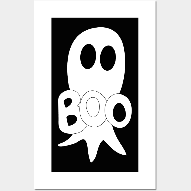 Cute Halloween ghost cartoon with BOO text Wall Art by Angel Dawn Design